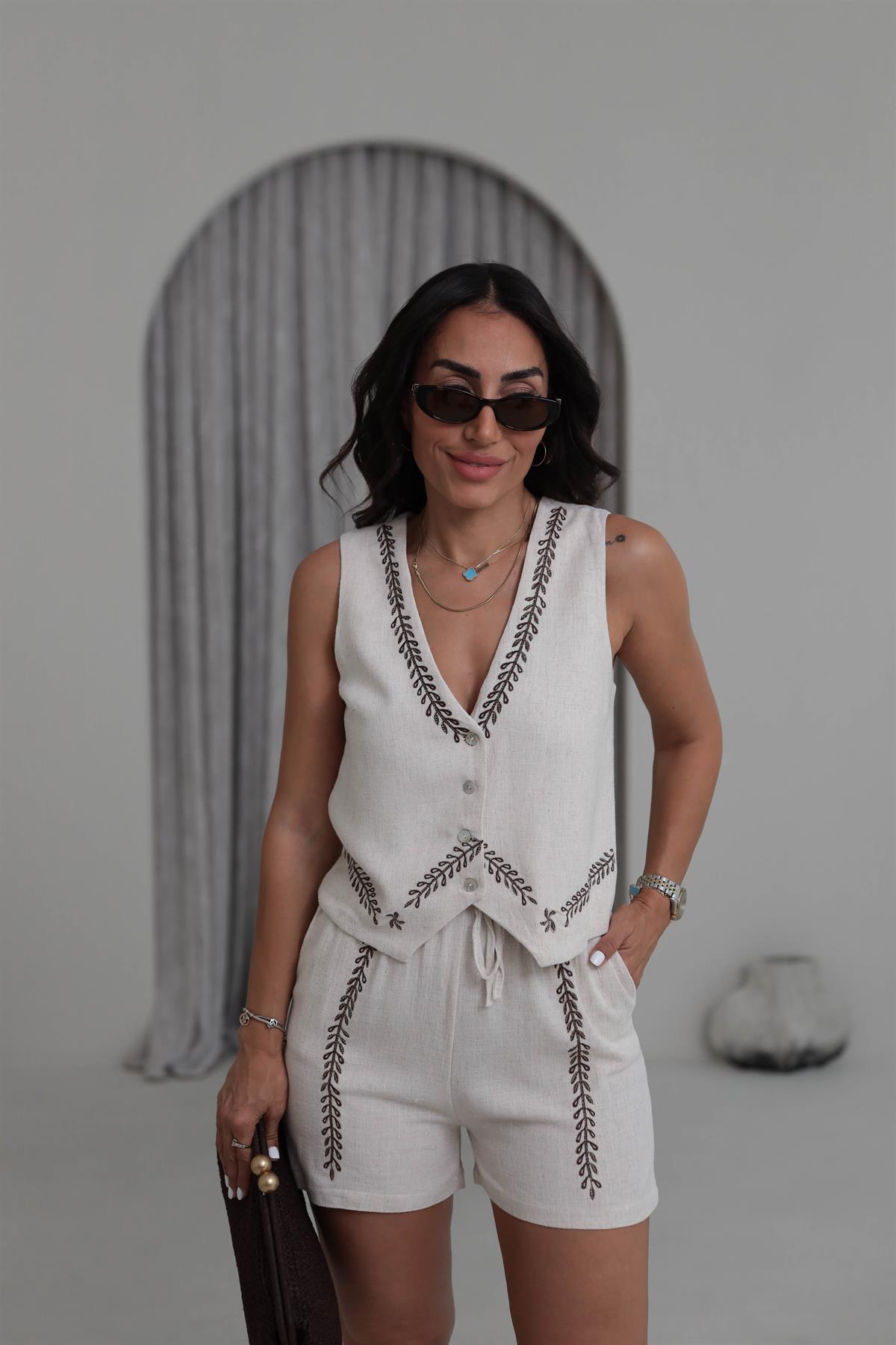 8837 İşleme Detaylı Tencel Keten Yelek & Şort Takım NATURAL