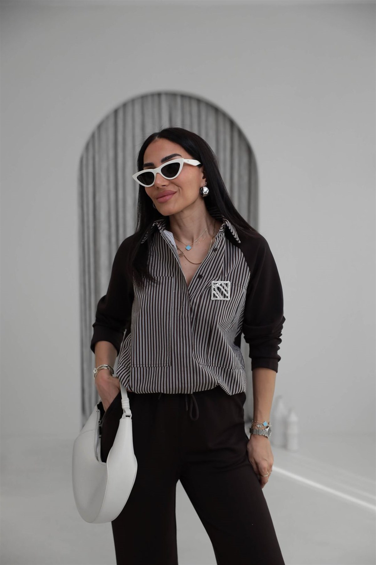 7145 Broşlu Gömlek Mixli Modal Takım KAHVE