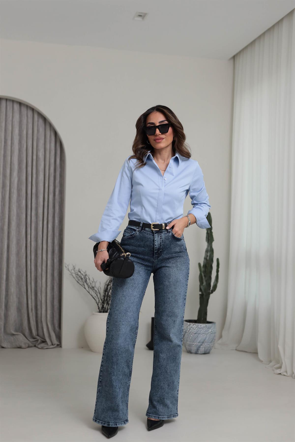 3903 Gizli Düğmeli Likralı Viskon Gömlek MAVİ