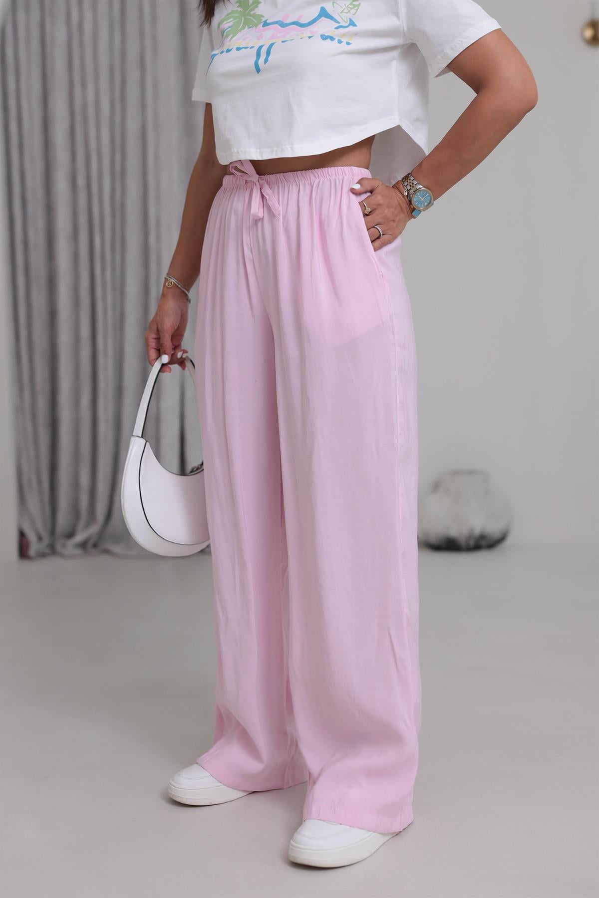 1141 Bel Lastikli Tencel Pantolon PEMBE