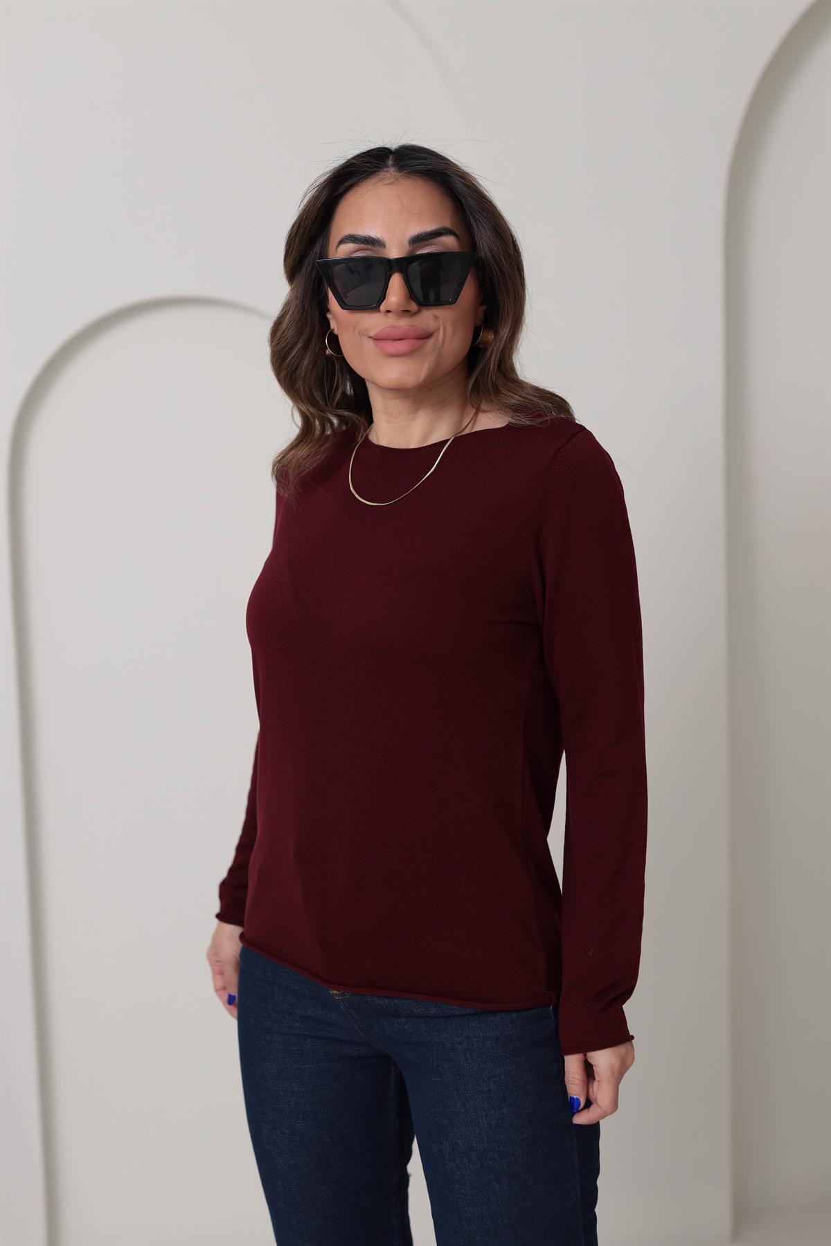 1061 Açık Yaka Uzun Kol İnce Triko BORDO