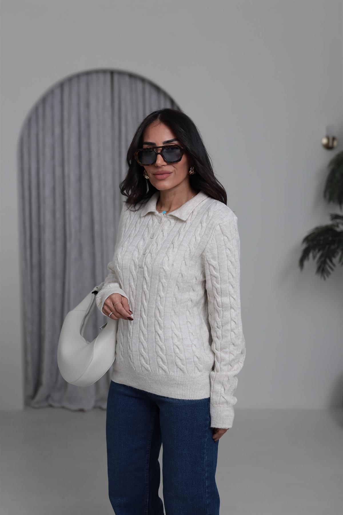 0145 Saç Örgü Polo Yaka Rahat Kazak TAŞ