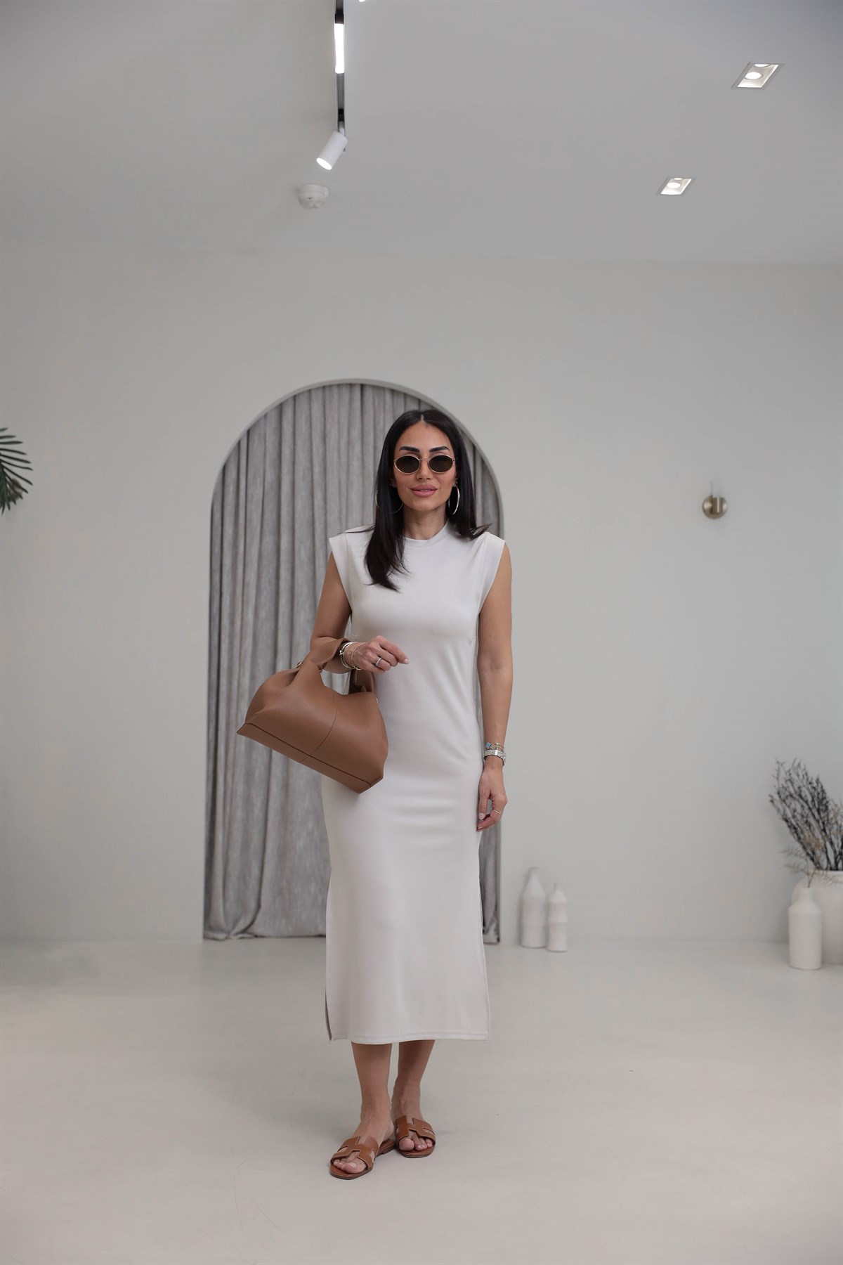 4254 Kol Detaylı Modal Rahat Elbise TAŞ