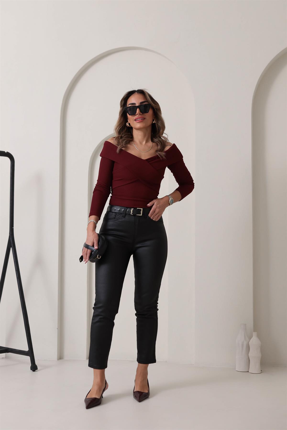 9184 Ottoman Kumaş Çapraz Detay Bluz BORDO