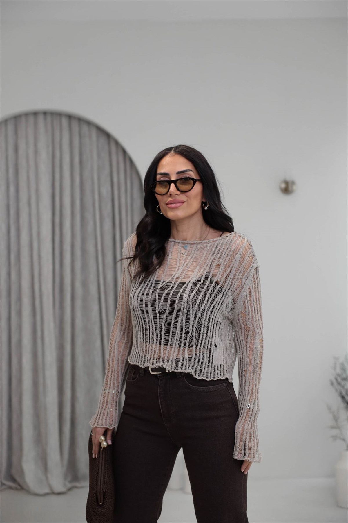 4490 Ajurlu Geniş Yaka Triko Bluz BEJ