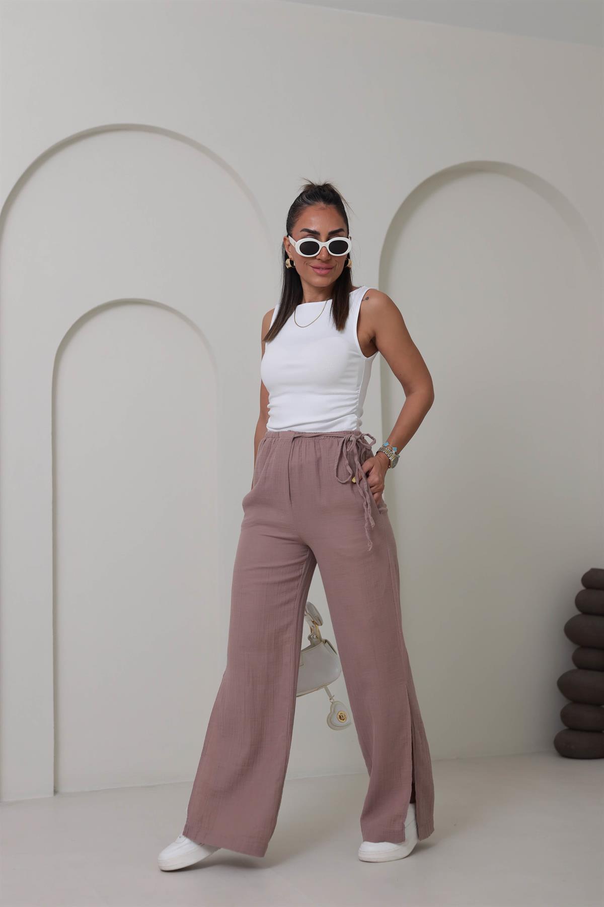 8028 Paça Yırtmaçlı Müslin Pantolon GÜL KURUSU