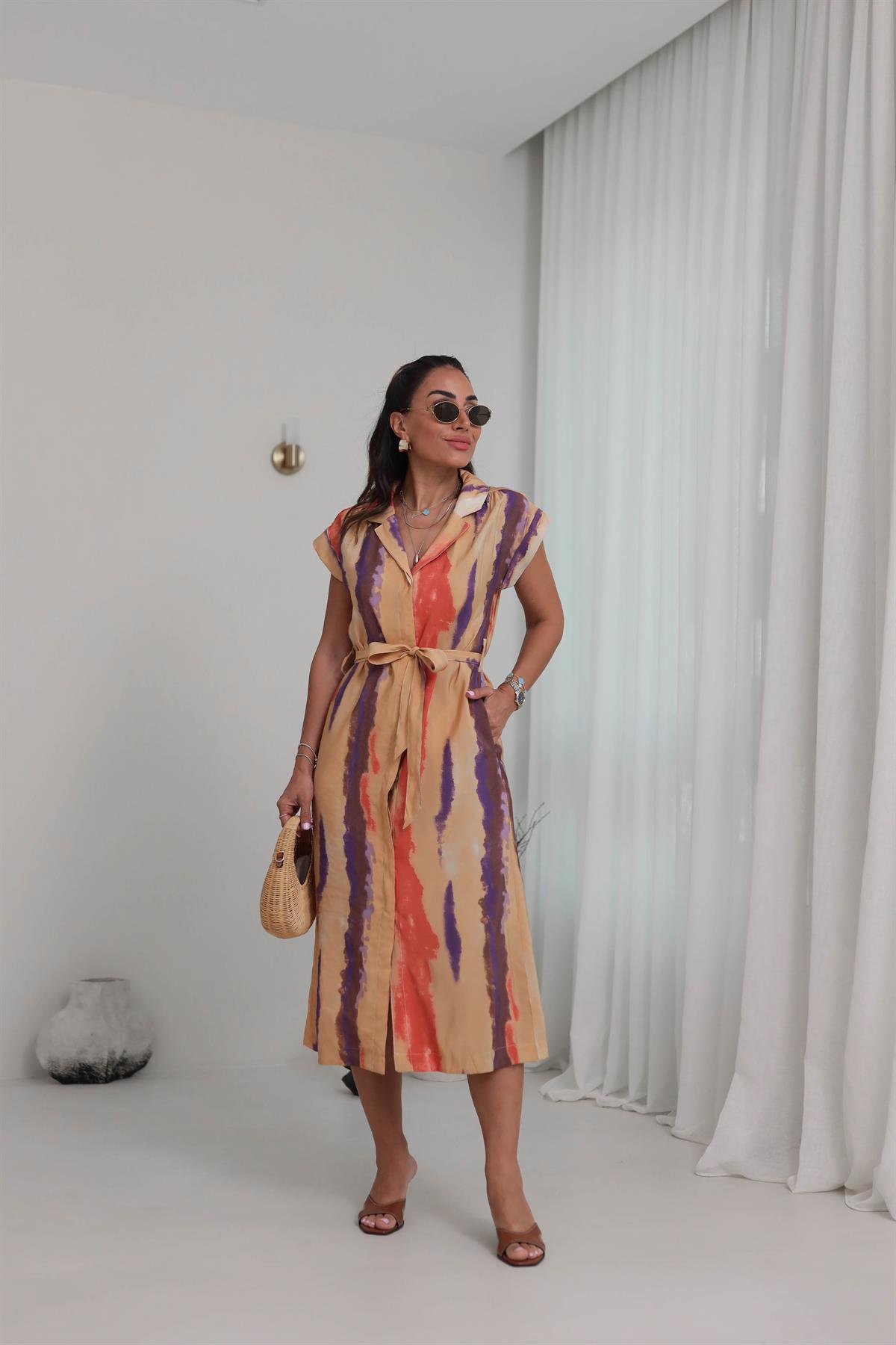 6284 Desenli Viskon Gömlek Elbise RENKLİ