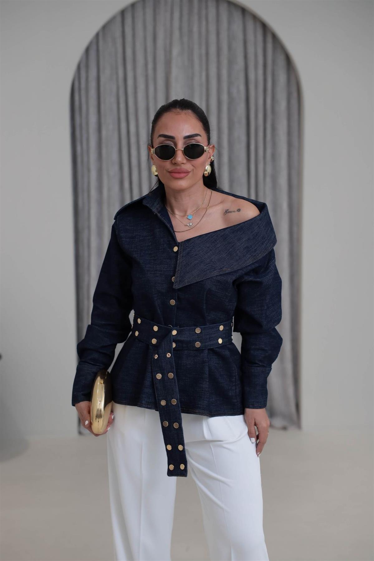 7027 Tasarım Kuşaklı Asimetrik Kot Gömlek LACİVERT