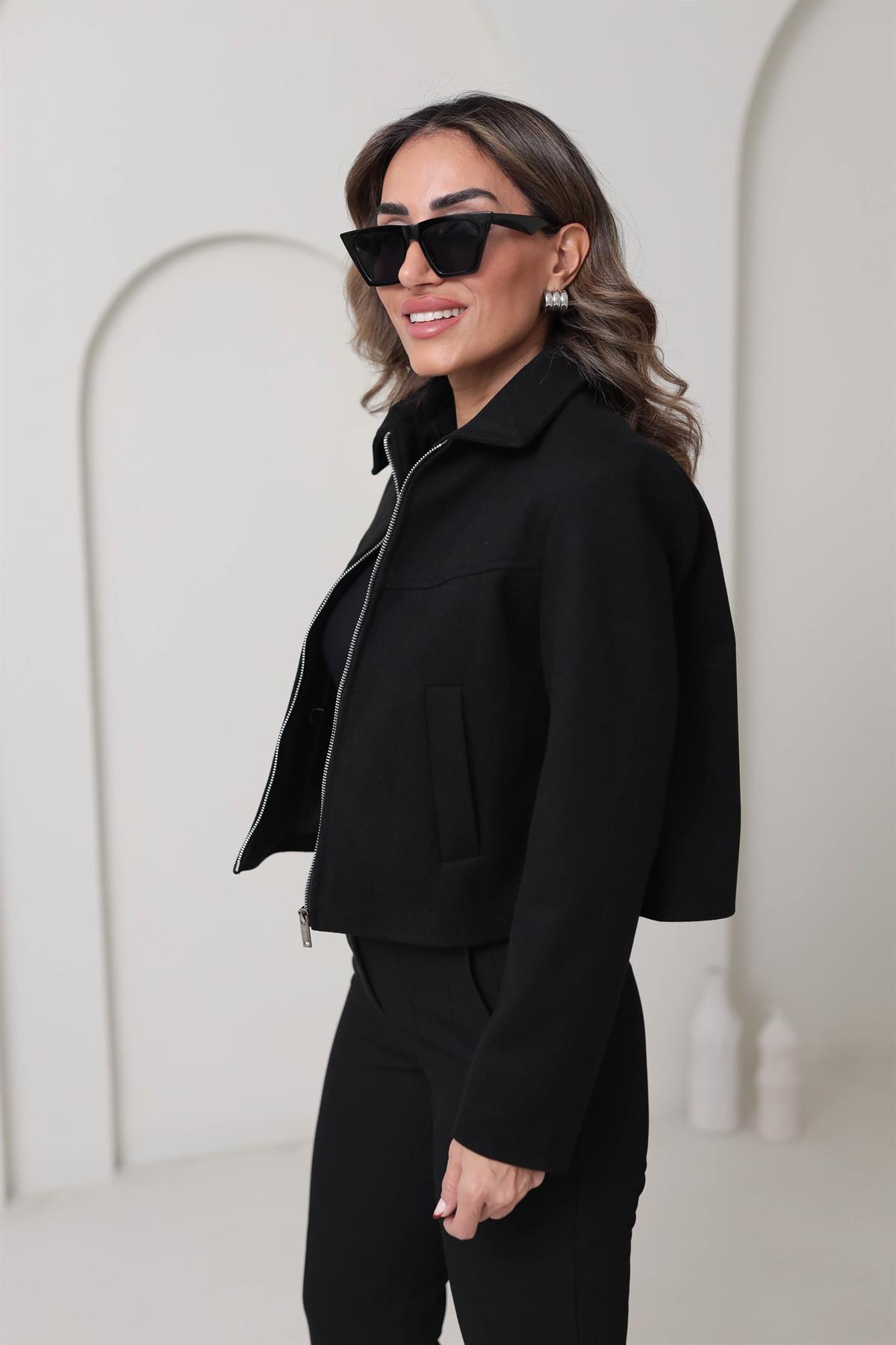 0169 Fermuarlı Za Model Kaşe Ceket SİYAH