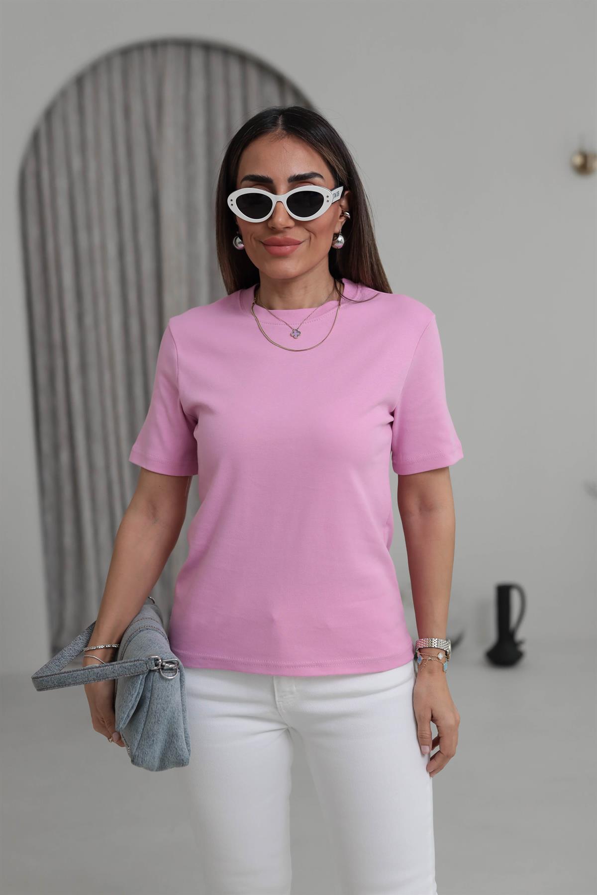 1075 Bisiklet Yaka Pamuklu Basic Tshirt PEMBE