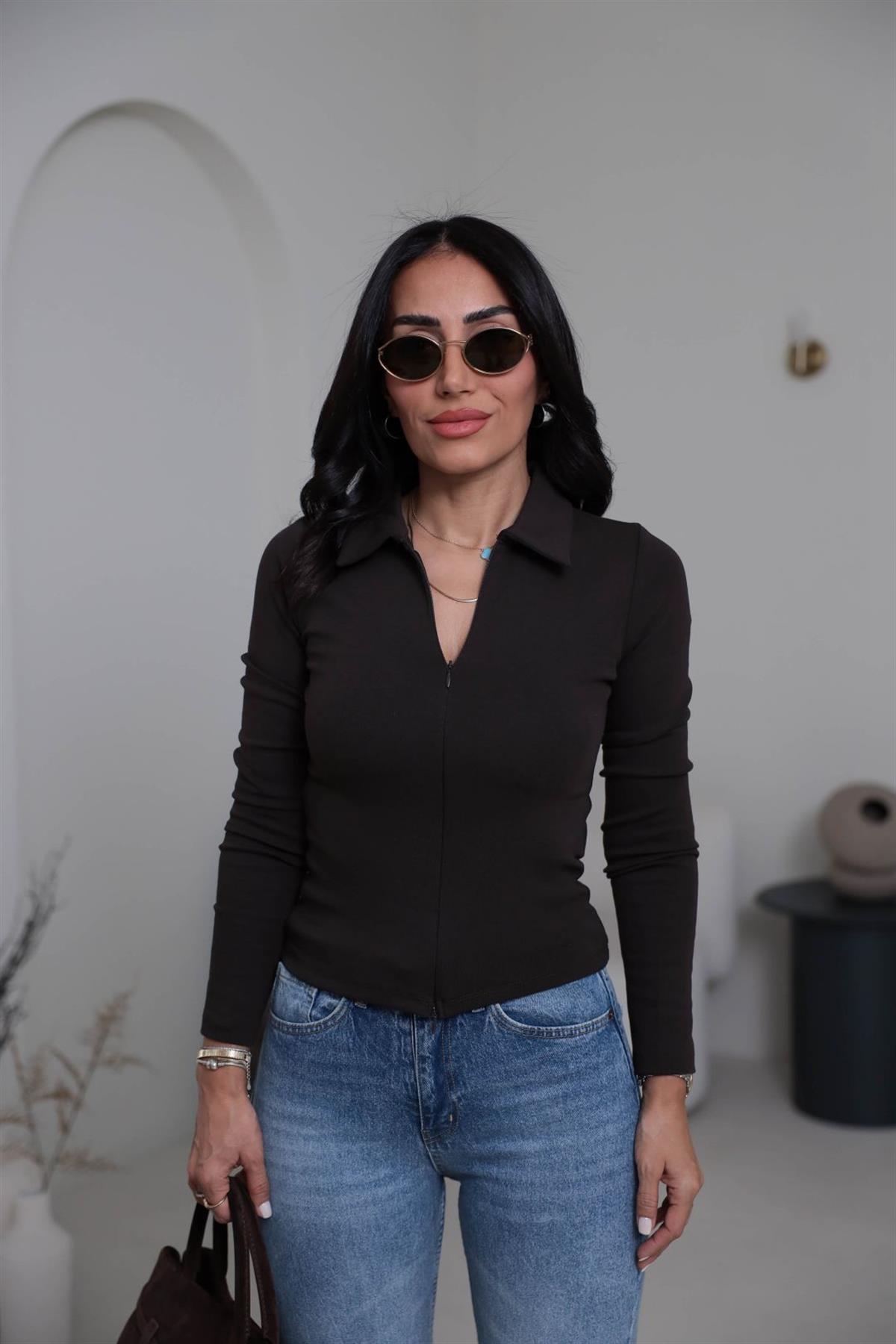 7246 Fermuar Detaylı Polo Yaka Bluz ACI KAHVE