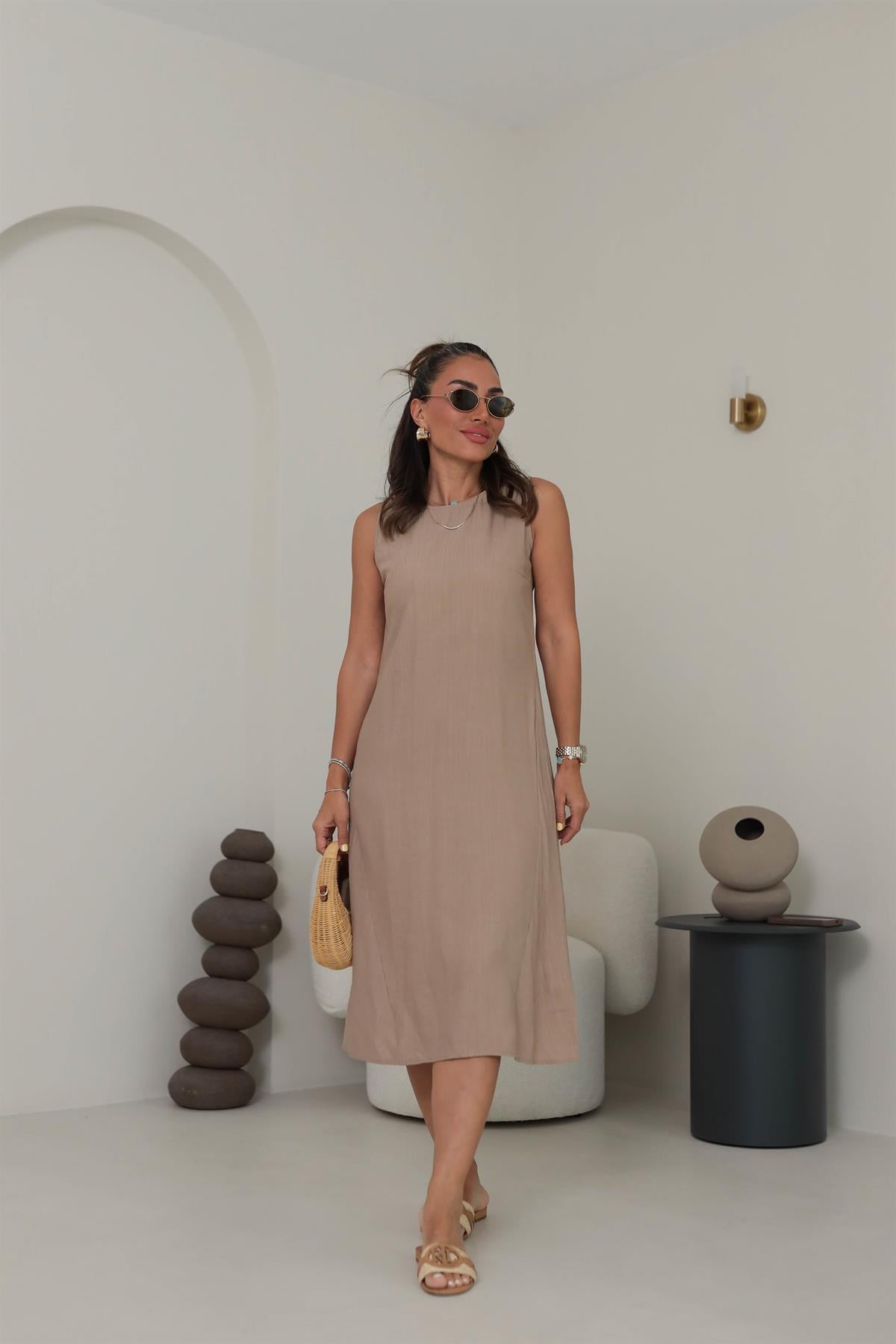 7633 Kolsuz Tiril Elbise BEJ