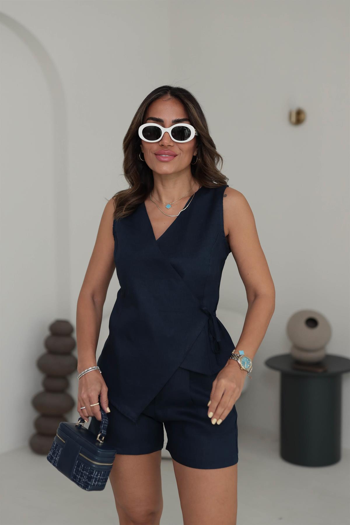 4085 Yelekli Keten Şort Takım LACİVERT