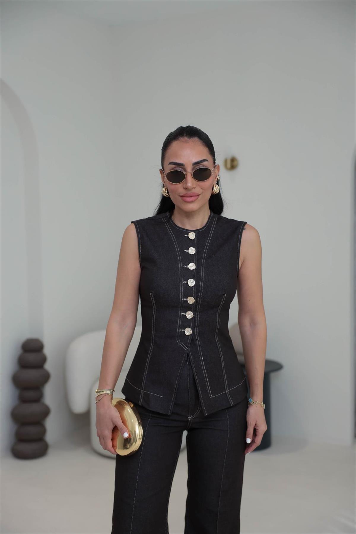 8053 Gold Düğmeli Yelekli Likralı Takım KAHVE