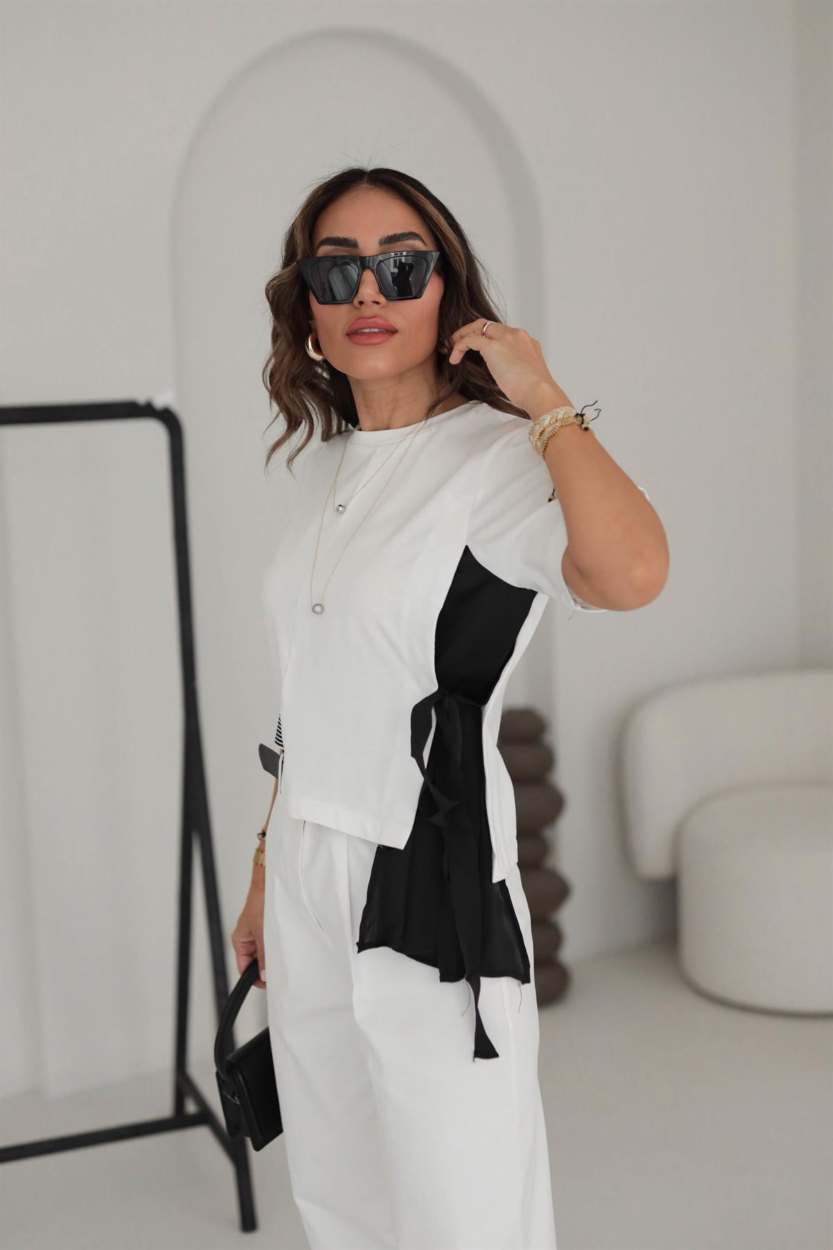 2893 Bel Ribana Detaylı Yandan Bağlamalı Tasarım Tshirt