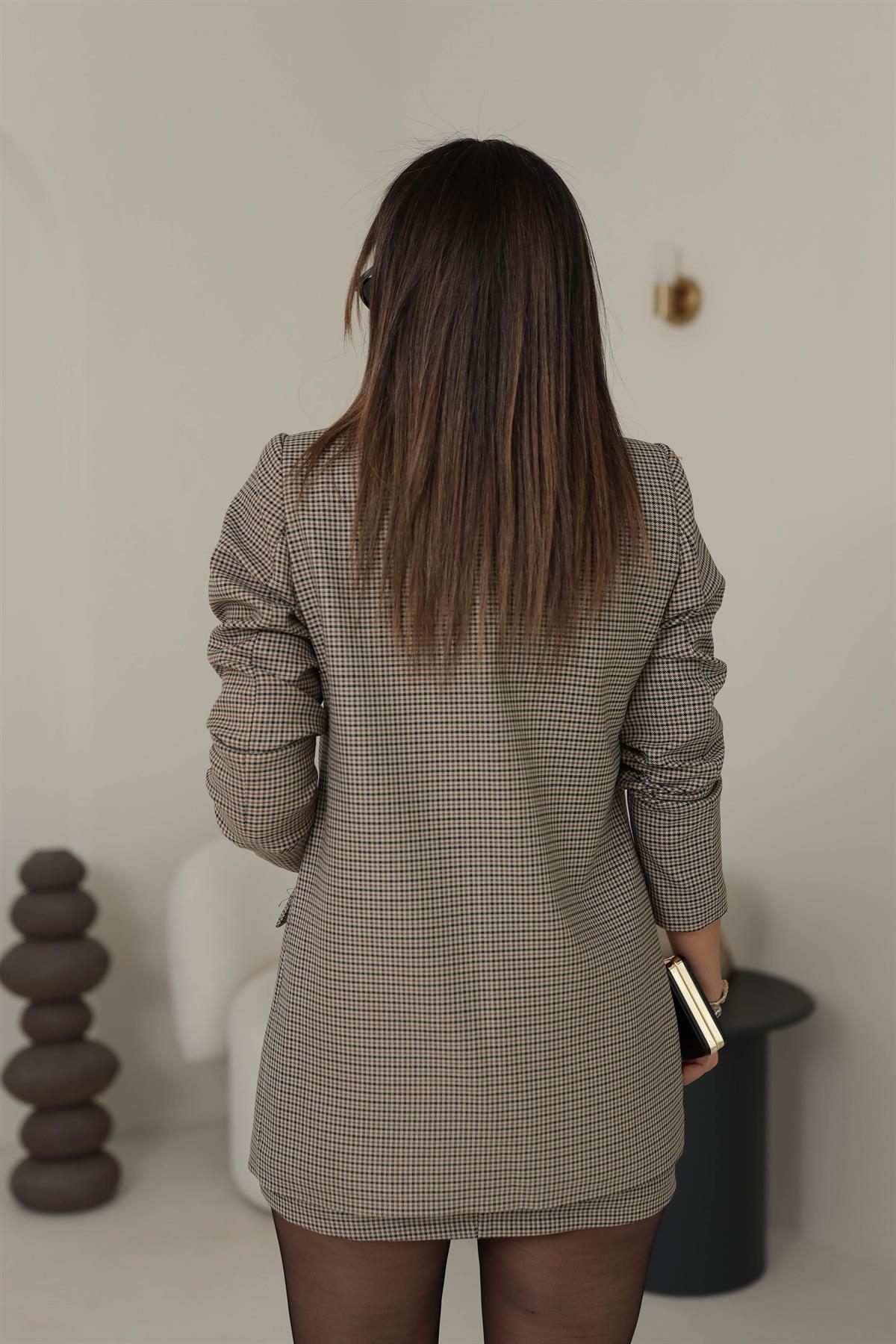 Kazayağı Desenli Blazer Ceket BEJ-KAHVE