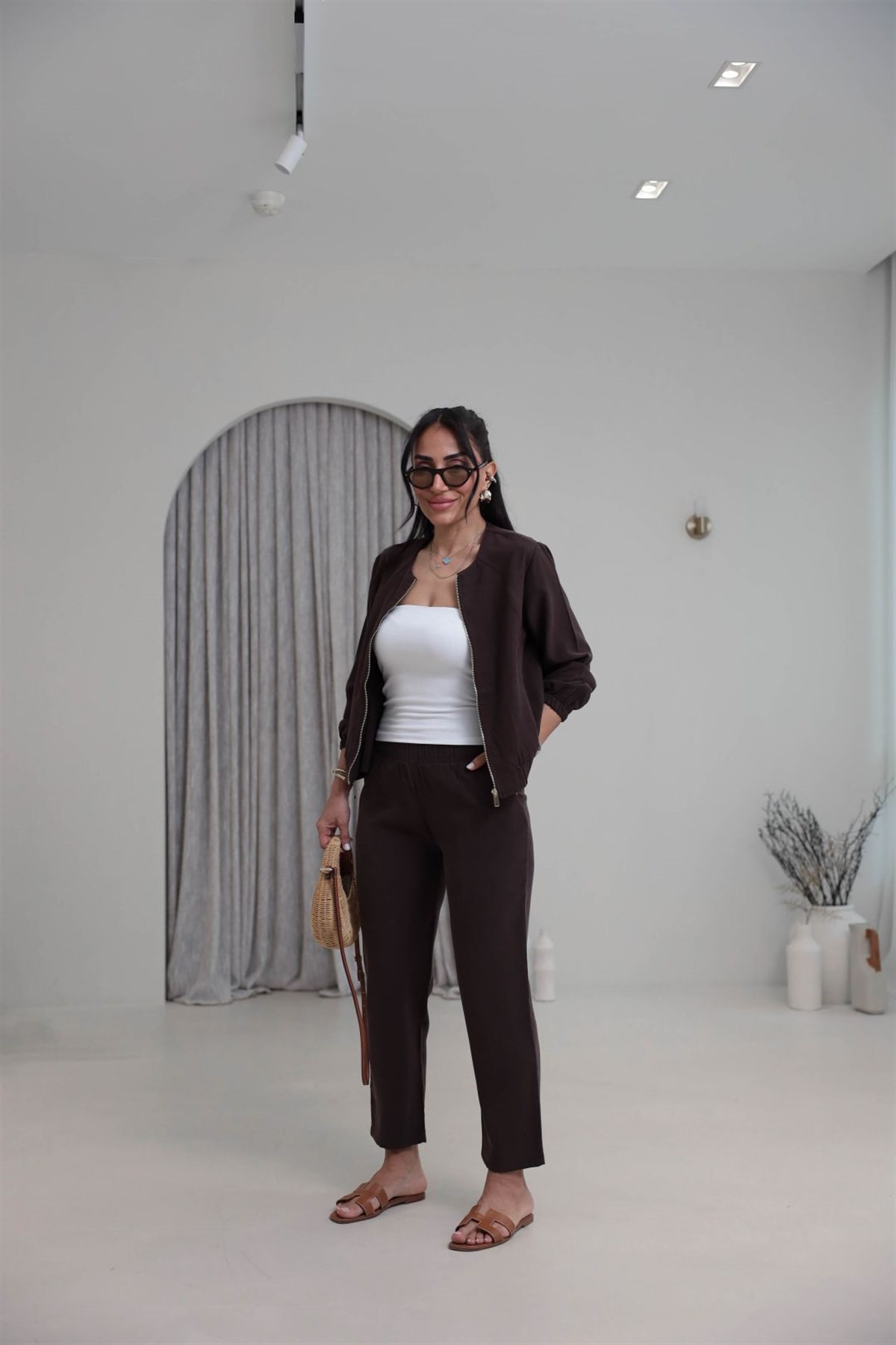 7132 Fermuarlı Tok Tencel Ceket Pantolon Takım KAHVE