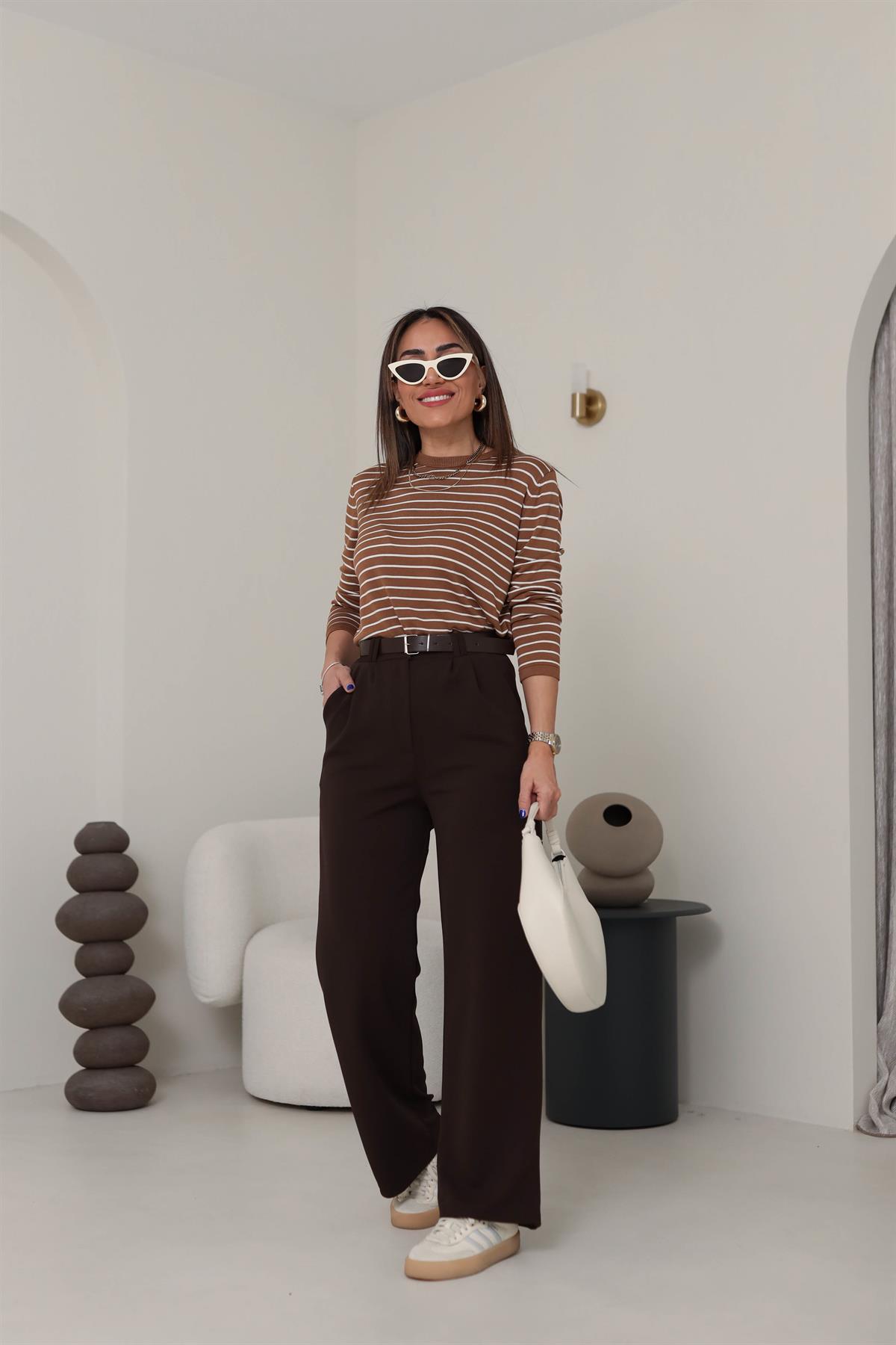 3851 Çift Pile Detaylı Kemerli Palazzo Pantolon KAHVE