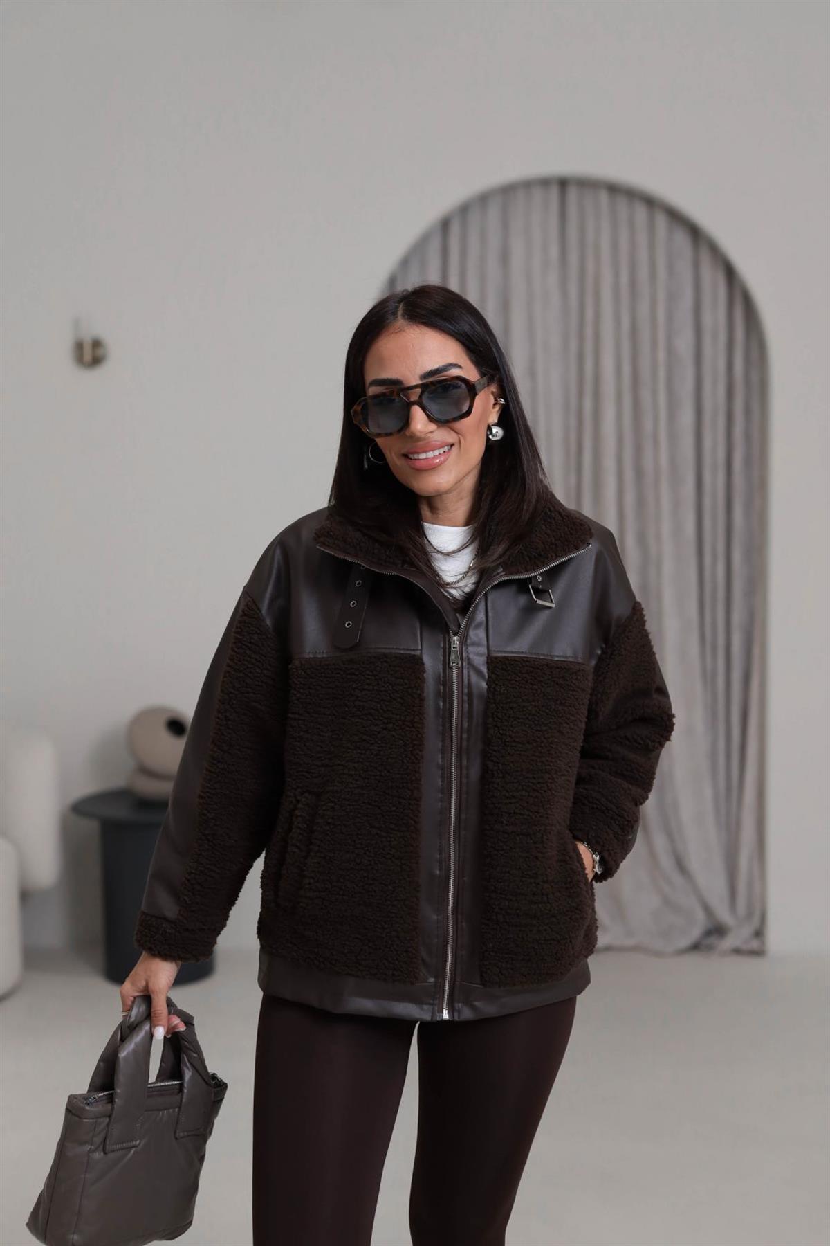 2631 Deri Garnili Kemer Detaylı Teddy Mont ACI KAHVE