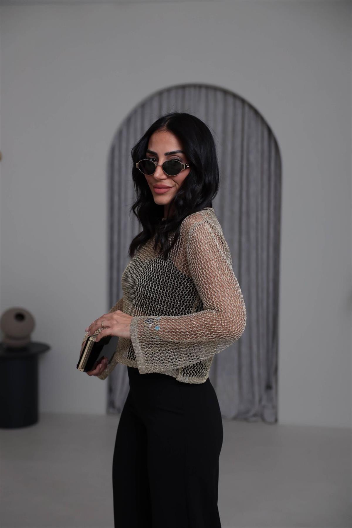 4404 Parlak Simli Ajurlu Kısa Triko GOLD