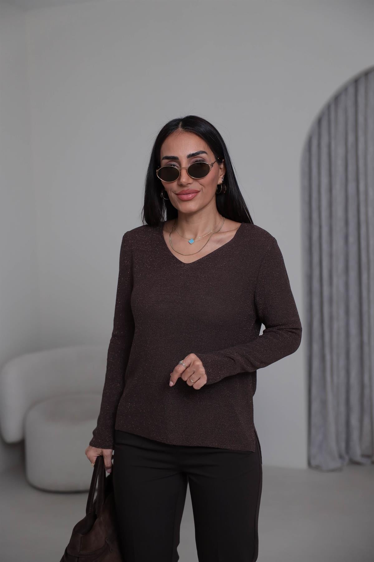 152 V Yaka Simli Viskon Triko Bluz KAHVE