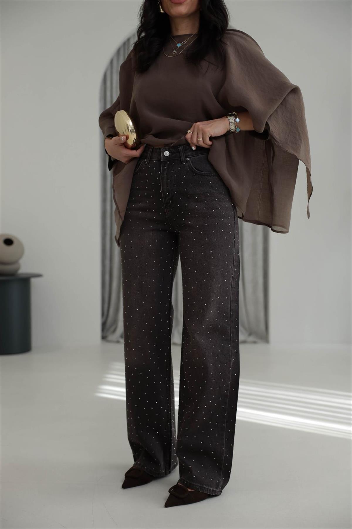 1071K Yıkamalı Taşlı Palazzo Jean YIKAMALI KAHVE