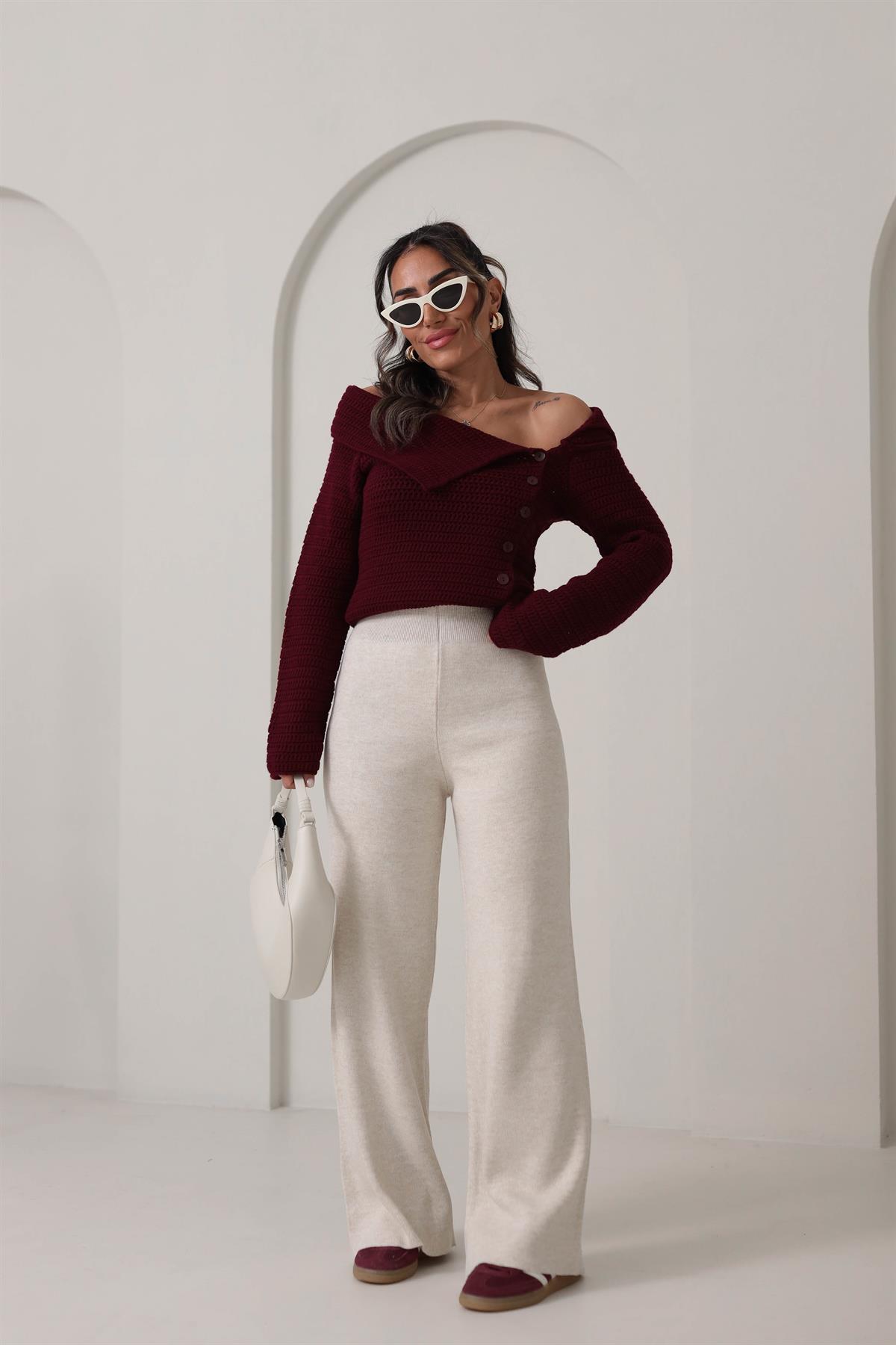 0003 Bol Kalıp Bel Lastikli Triko Pantolon TAŞ