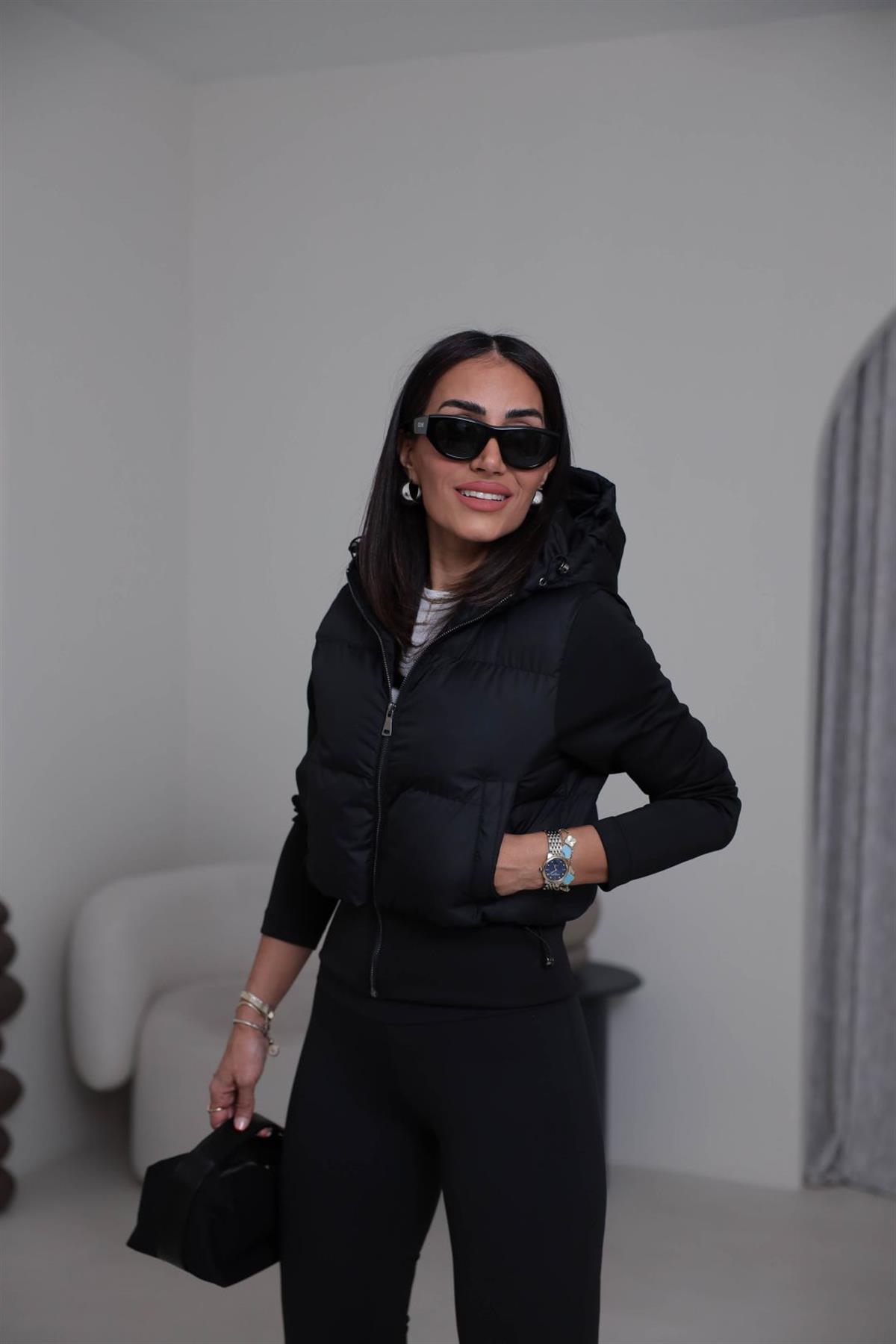 2879 Kol Garnili Kapşonlu Şişme Mont SİYAH