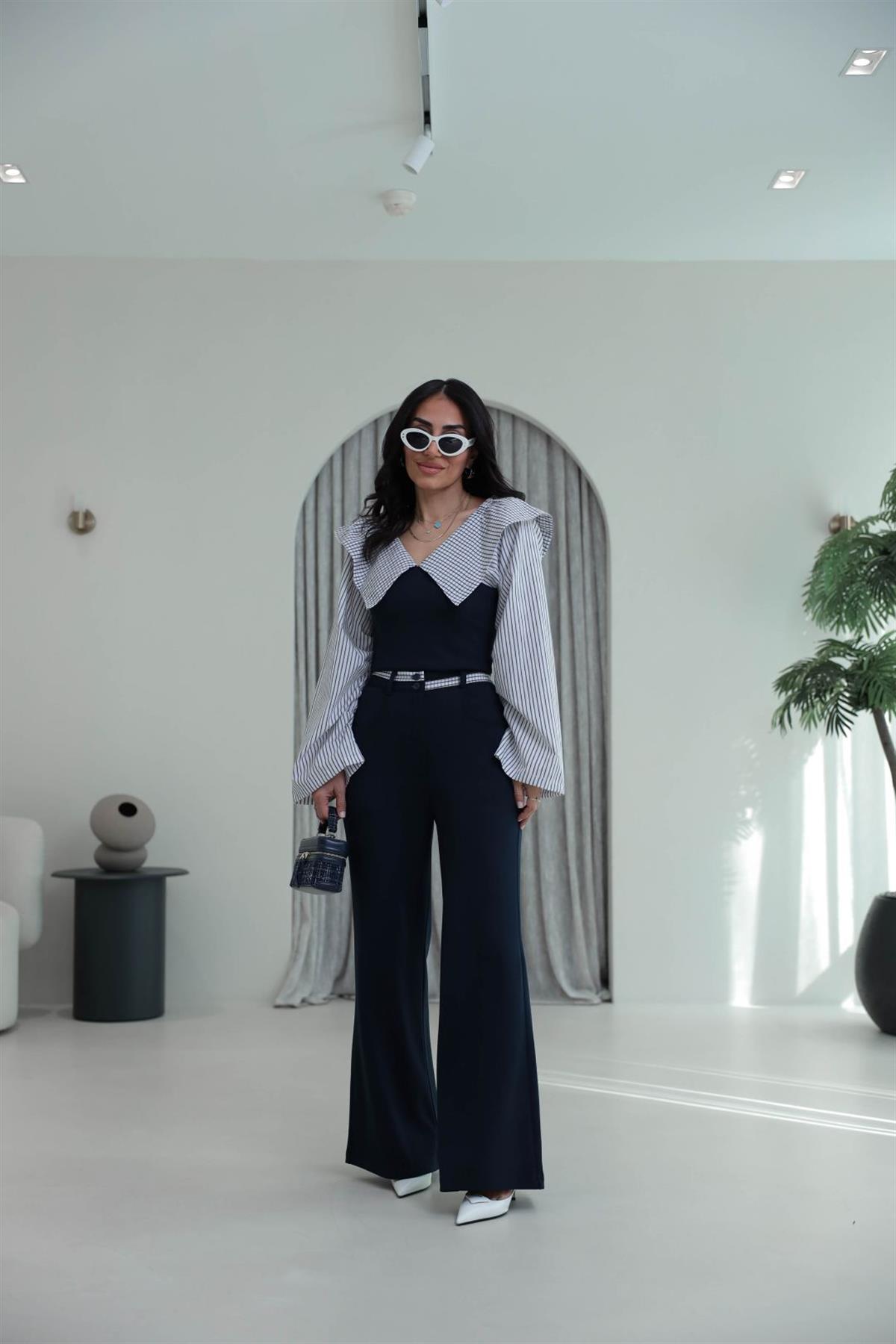 0675 Anime Poplin Yaka Modal Kumaş Takım LACİVERT