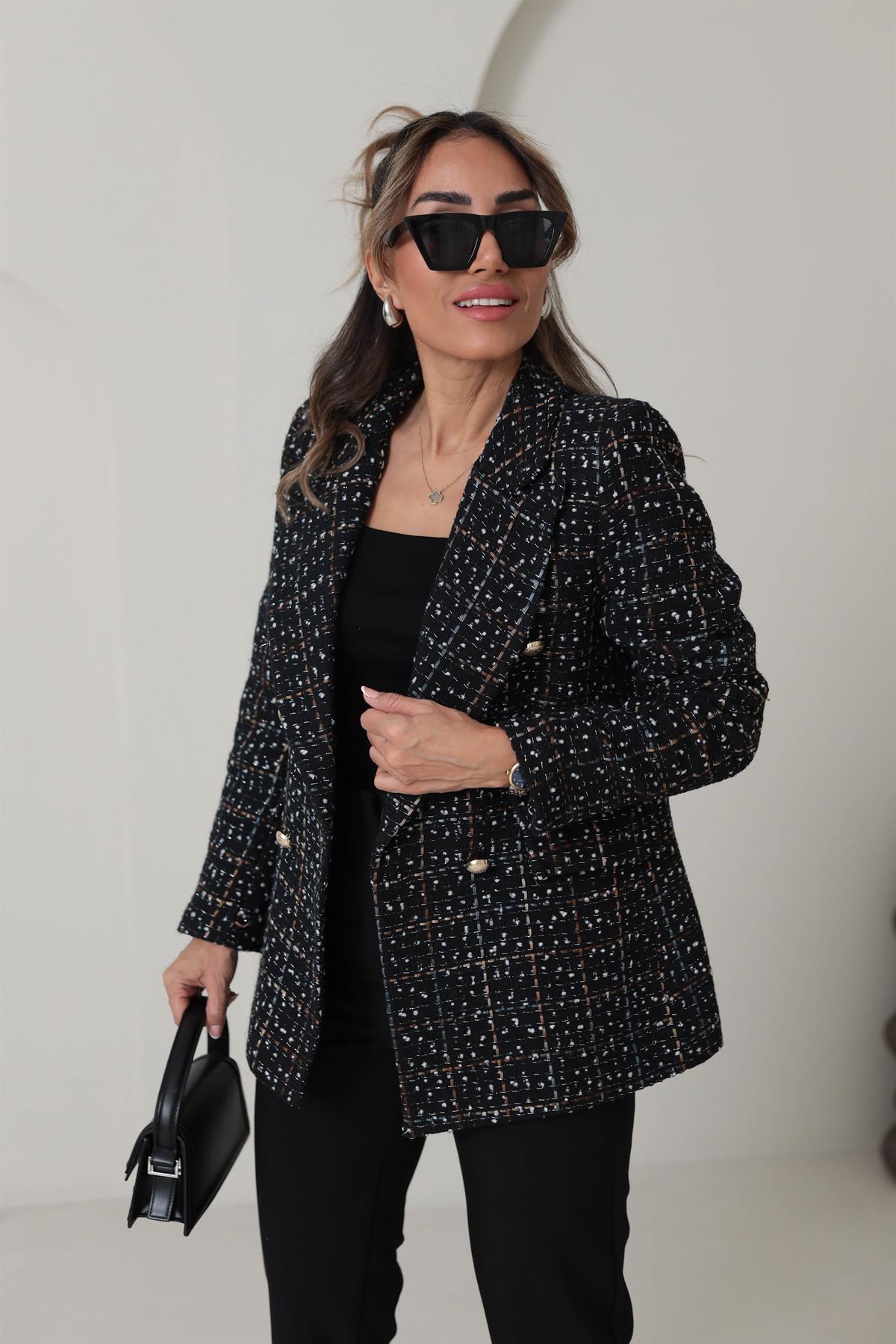 6213 Kruvaze Yaka Gold Düğmeli Tüvit Ceket SİYAH