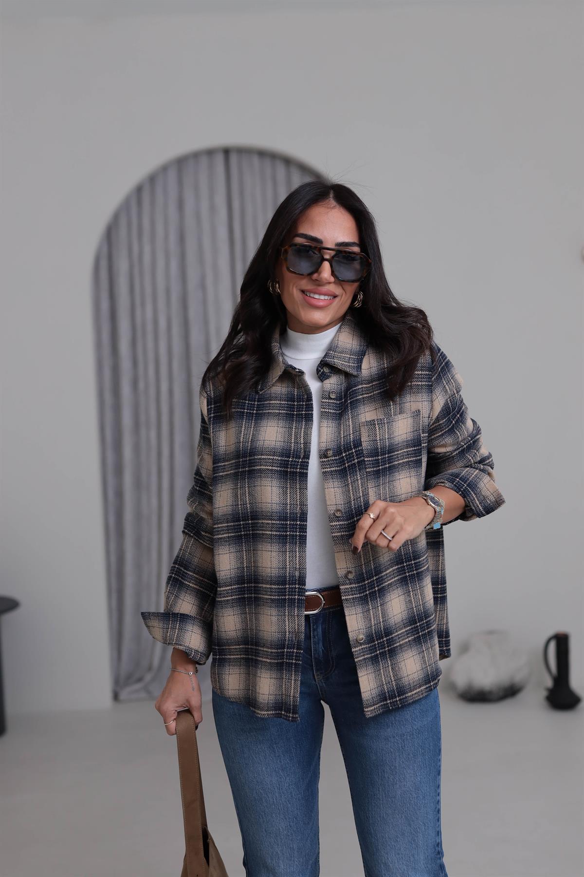 1251 Sırt Yazı Detaylı Oduncu Gömlek BEJ