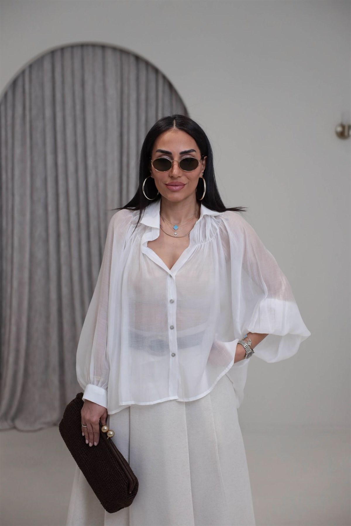 5018 Büzgü Detaylı Tencel Gömlek BEYAZ