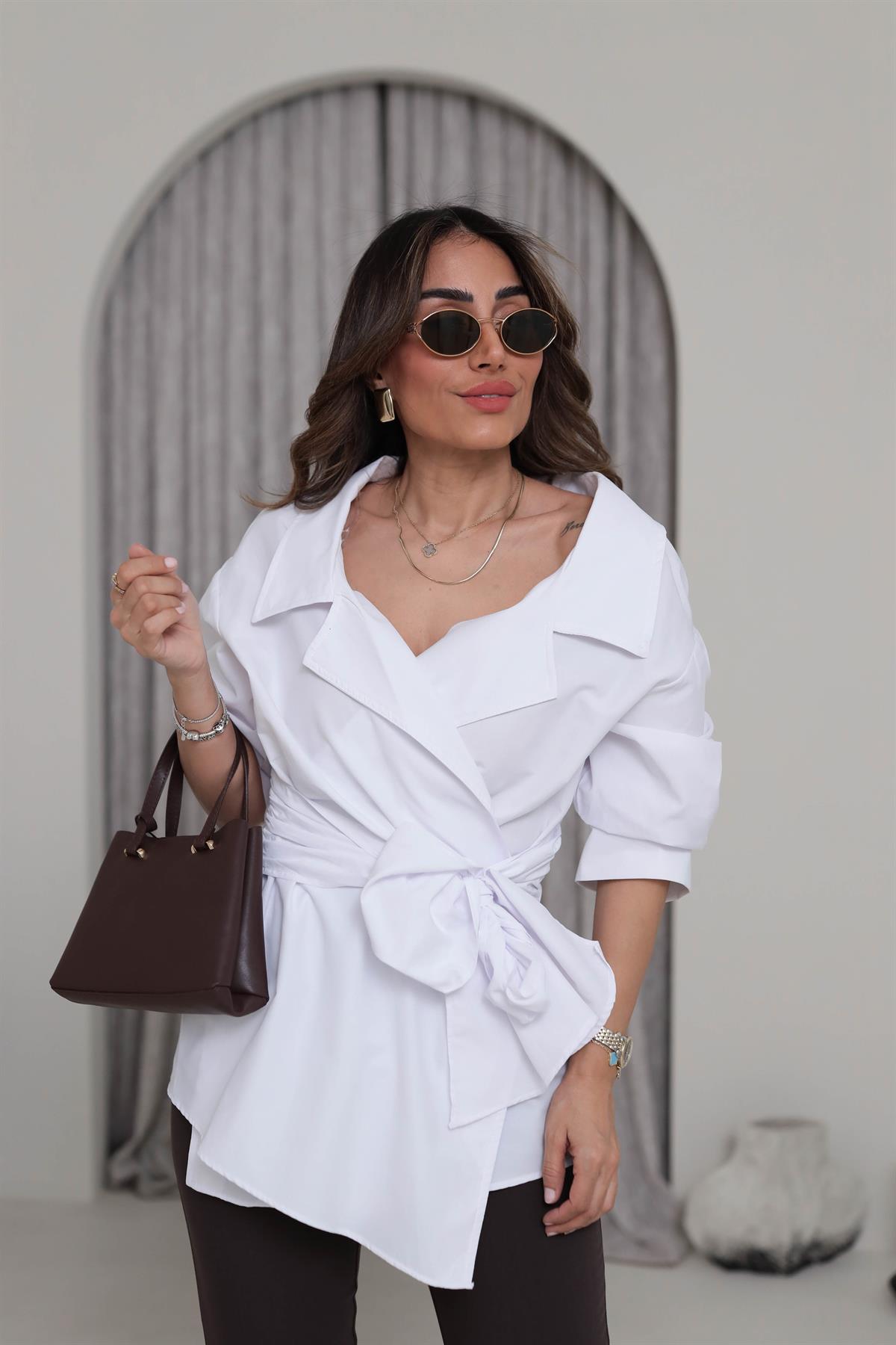 3165 Kruvaze Kuşaklı Poplin Gömlek Bluz BEYAZ