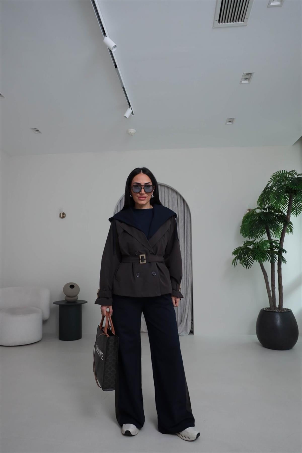 6984 Çıkarılabilir Kapşonlu Trençli Eşofman Takımı ACI KAHVE