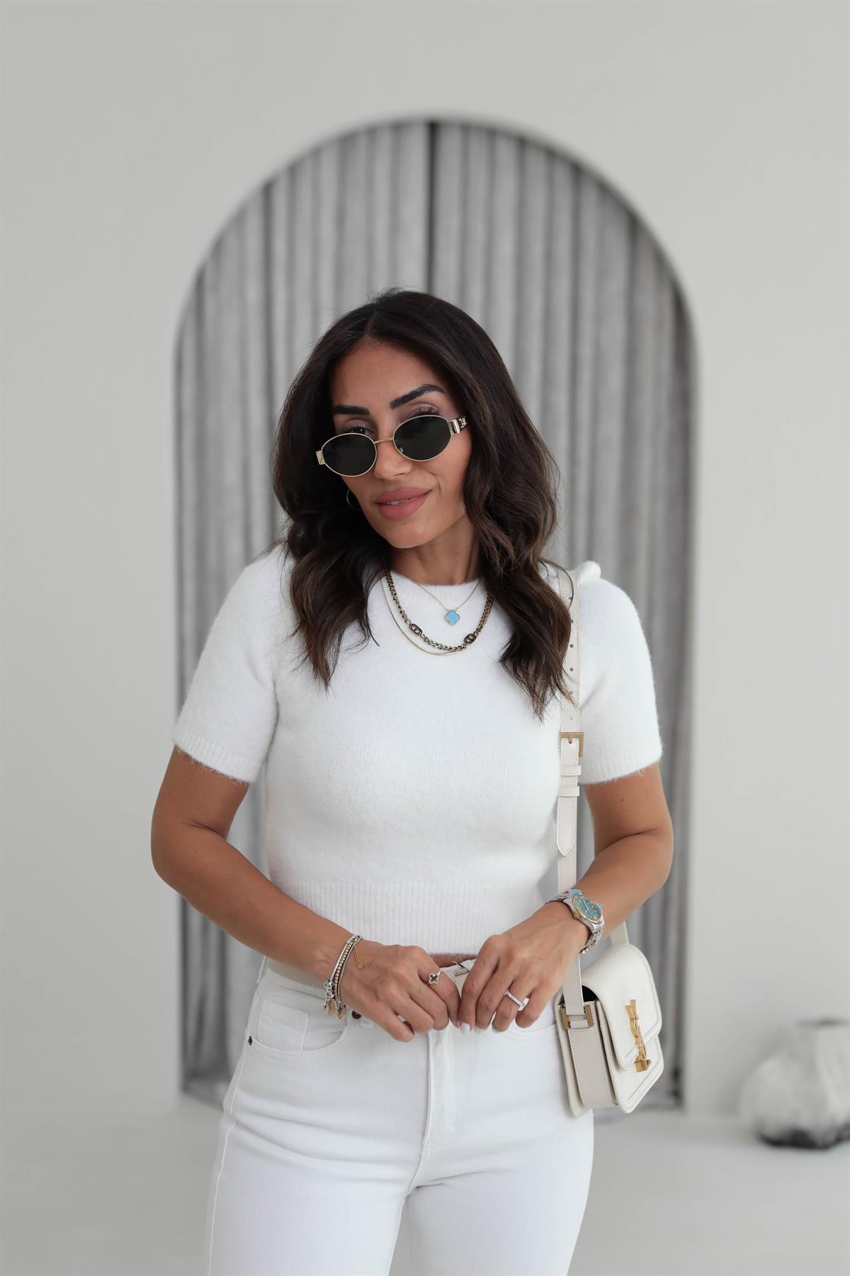 0651 Bisiklet Yaka Yumuşak Dokulu Kısa Kol Triko Kazak EKRU