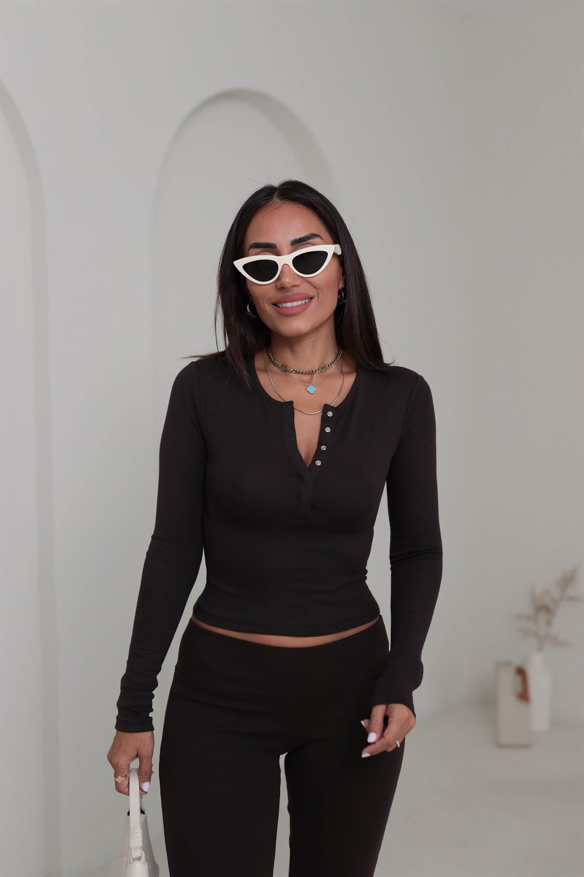 1442 Uzun Kollu Çıtçıt Düğmeli Bluz ACI KAHVE