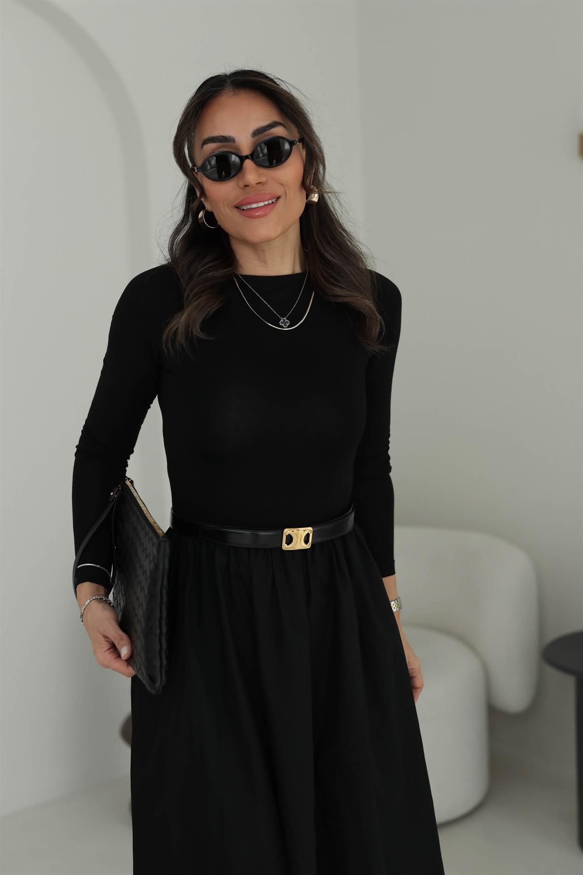 2062 Penye Detaylı Parçalı Poplin Elbise SİYAH