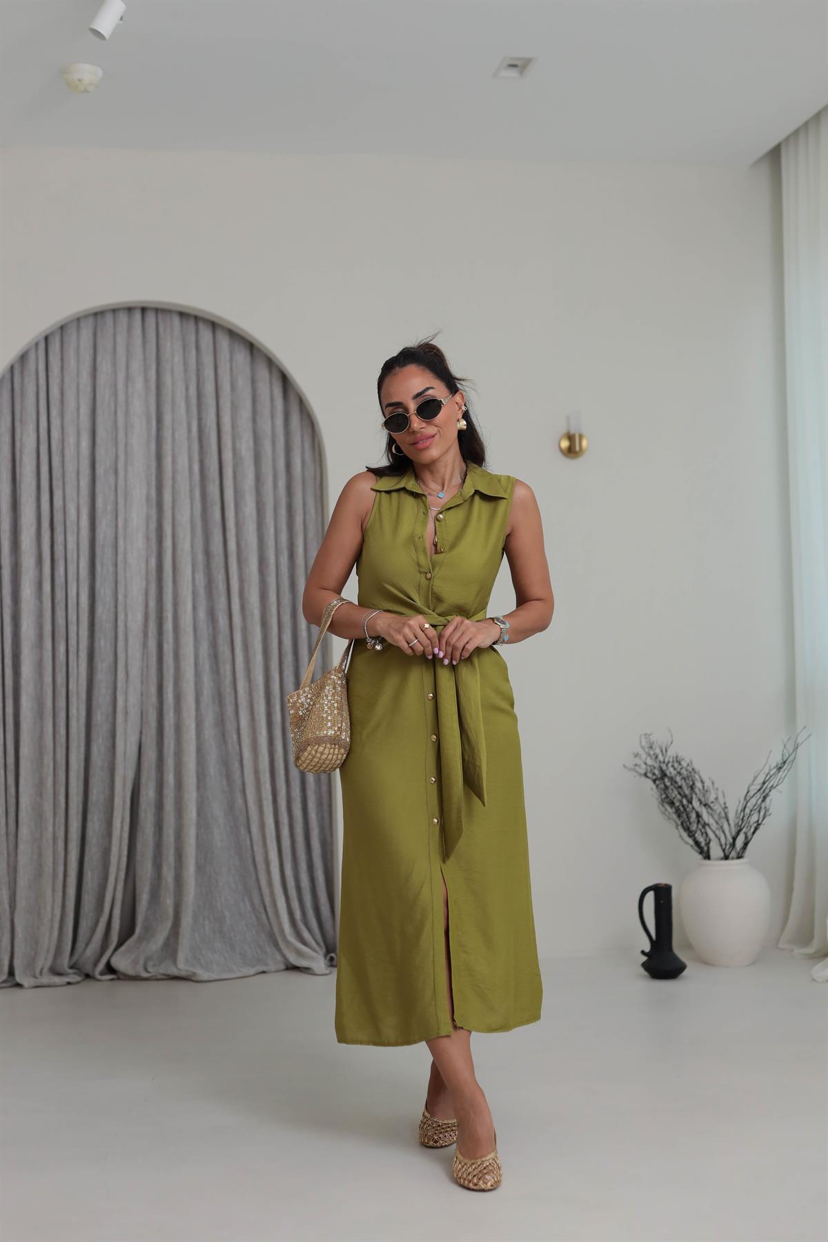 3789 Bel Bağlama Detay Gömlek Yaka Elbise OLİVE