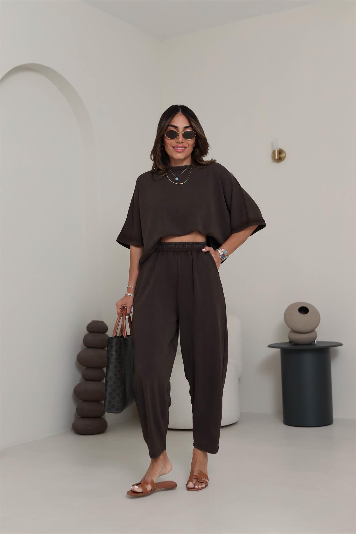 8559 Modal Kumaş Dökümlü Takım KAHVE