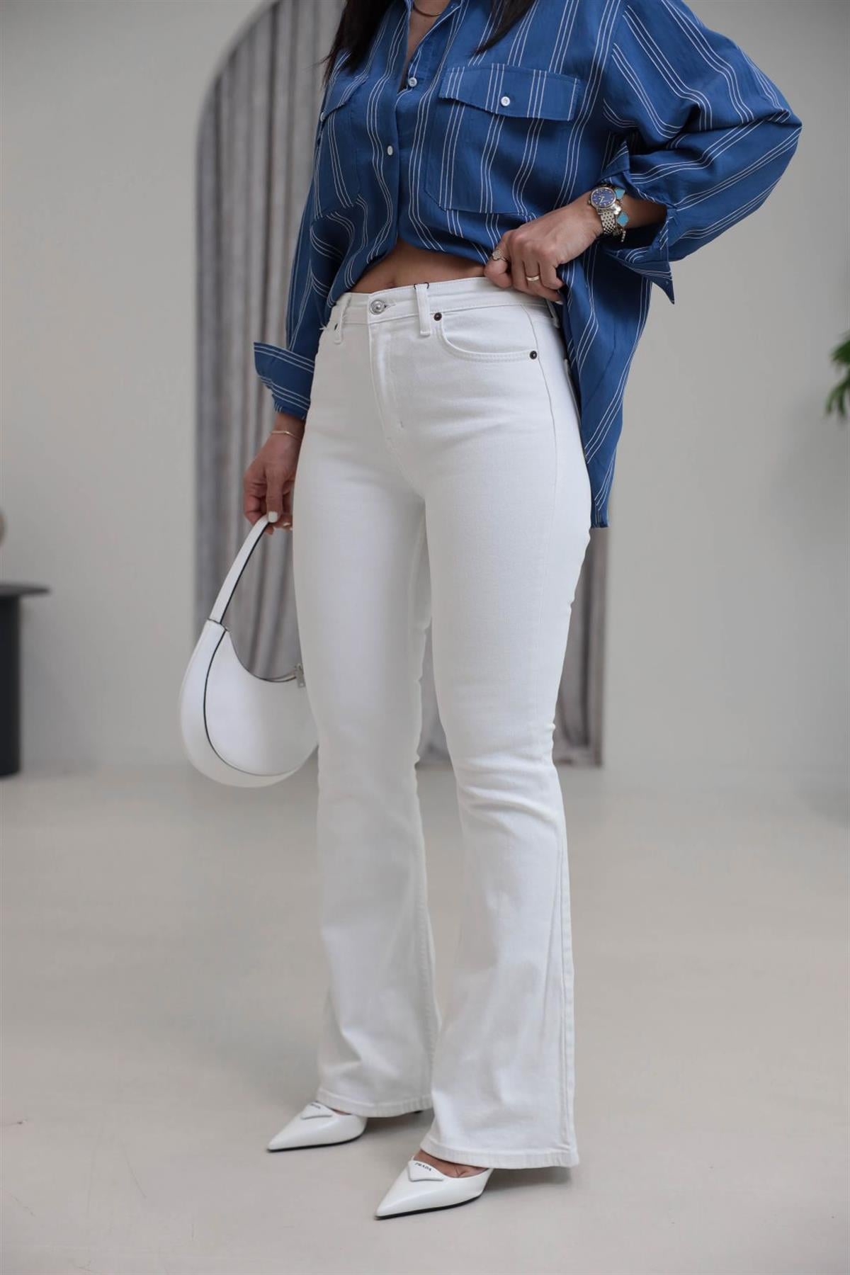 ZA Likralı İspanyol Paça Pantolon BEYAZ