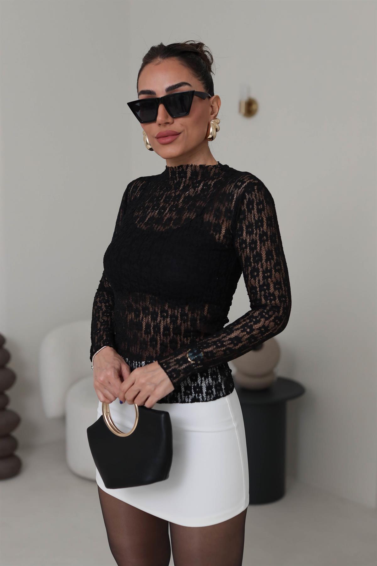 9710 Çiçek Dantelli Bluz SİYAH