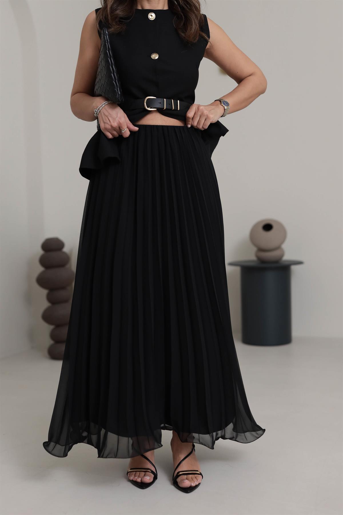 0287 Piliseli Şifon Maxi Etek SİYAH