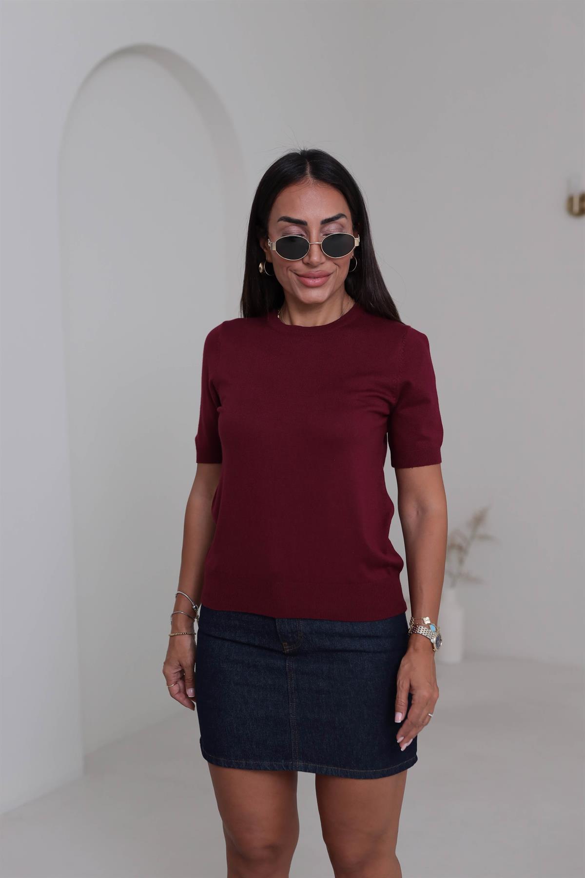 0779 Bisiklet Yaka Kısa Kol Basic Triko Bluz BORDO