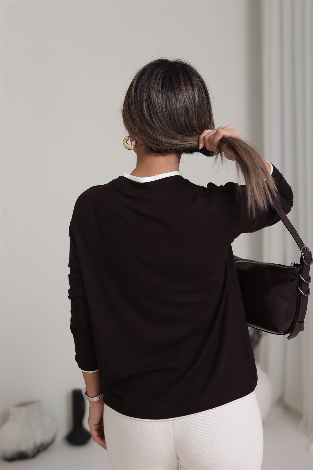 1145 Çift Yakalı Modal Bluz ACI KAHVE