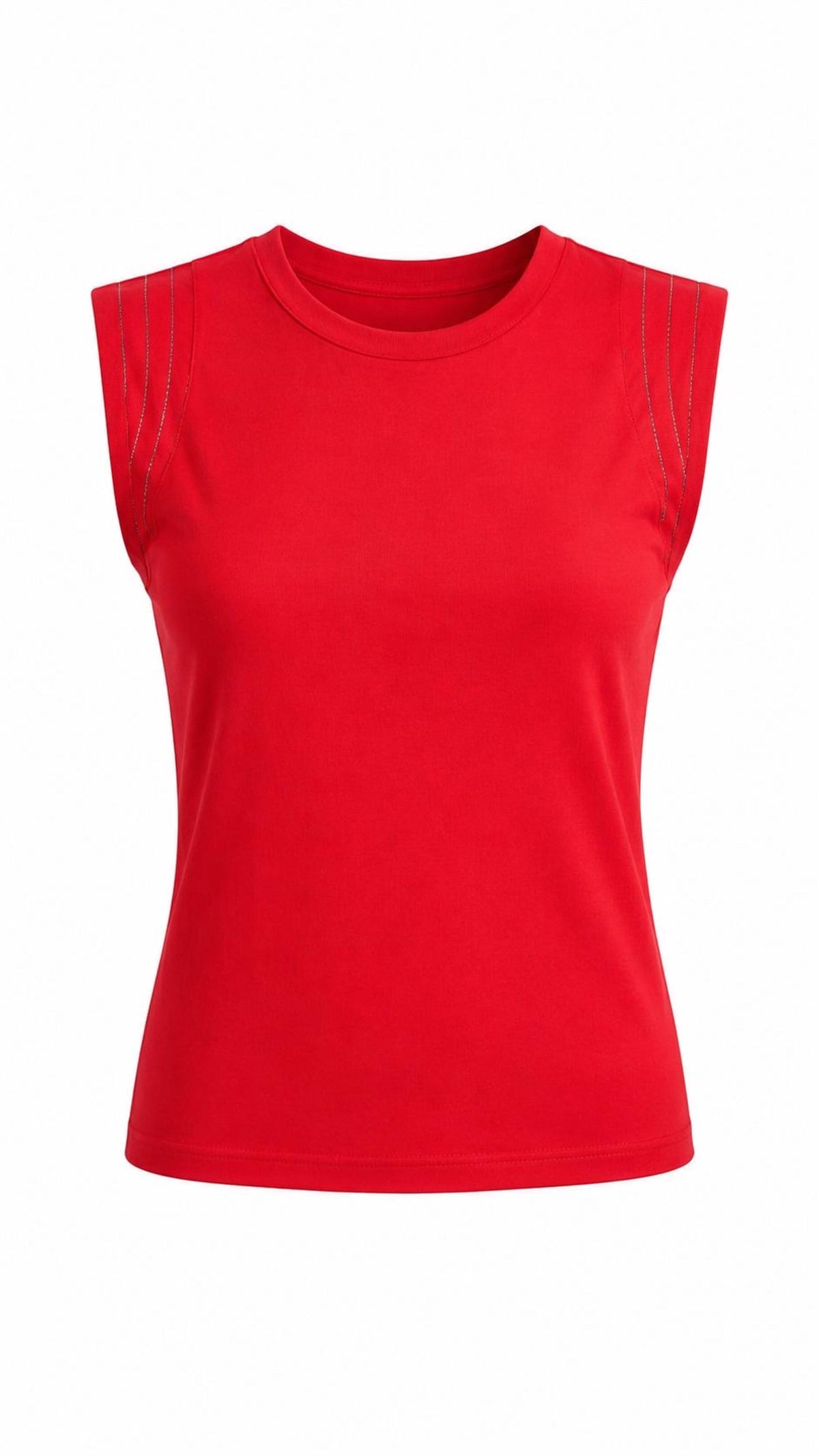3254 Geniş Omuz Şerit Taşlı Pamuklu Tshirt KIRMIZI