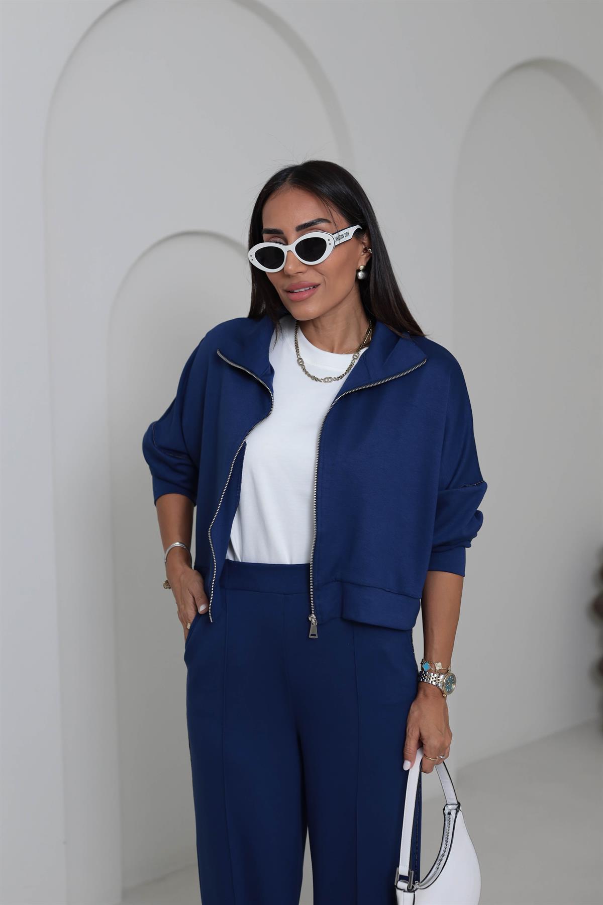 2378 Ceketi Fermuarlı Zincir Detay Modal Takım LACİVERT