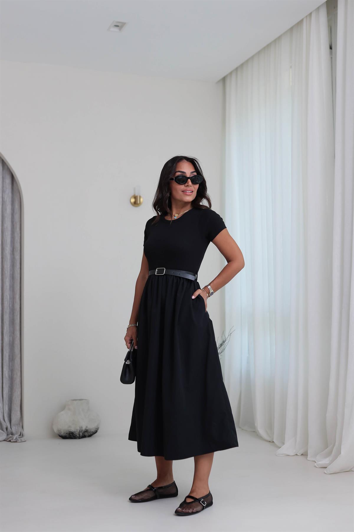 2017 Kemerli Kaşkorse Elbise SİYAH