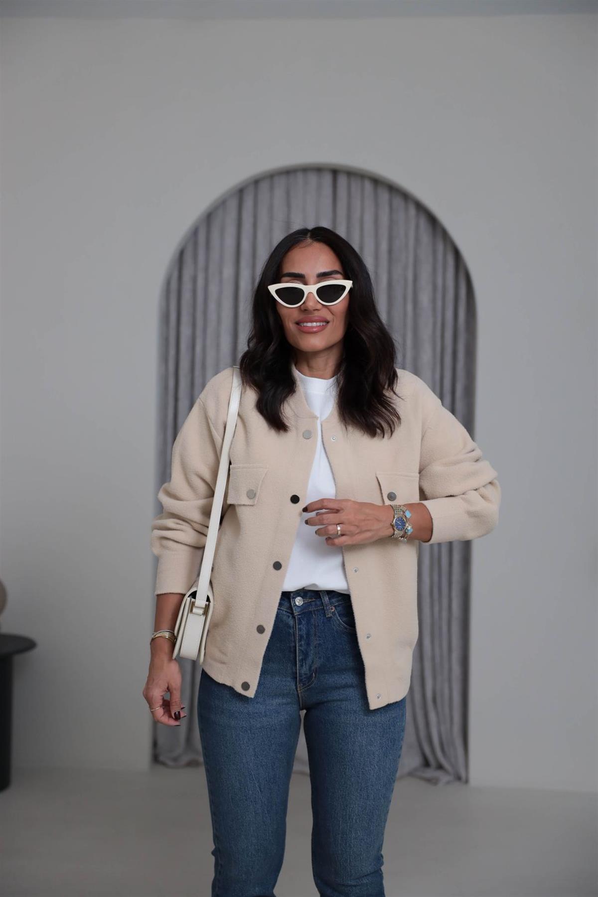 4589 Çıtçıtlı Cep Detaylı Angora Ceket KREM