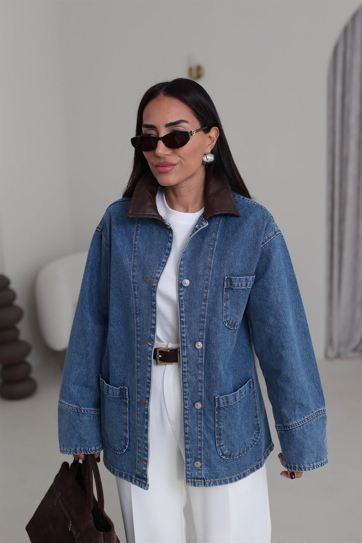 9570 Deri Yaka Düğmeli Cep Detaylı  Denim Ceket MAVİ