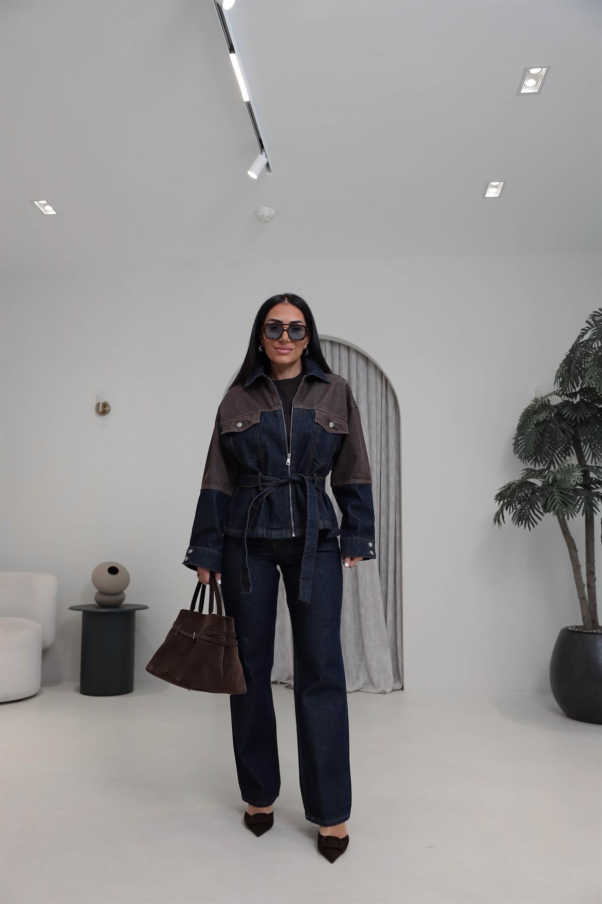 0836 Çift Renkli Tasarım Denim Takım LACİ-KAHVE